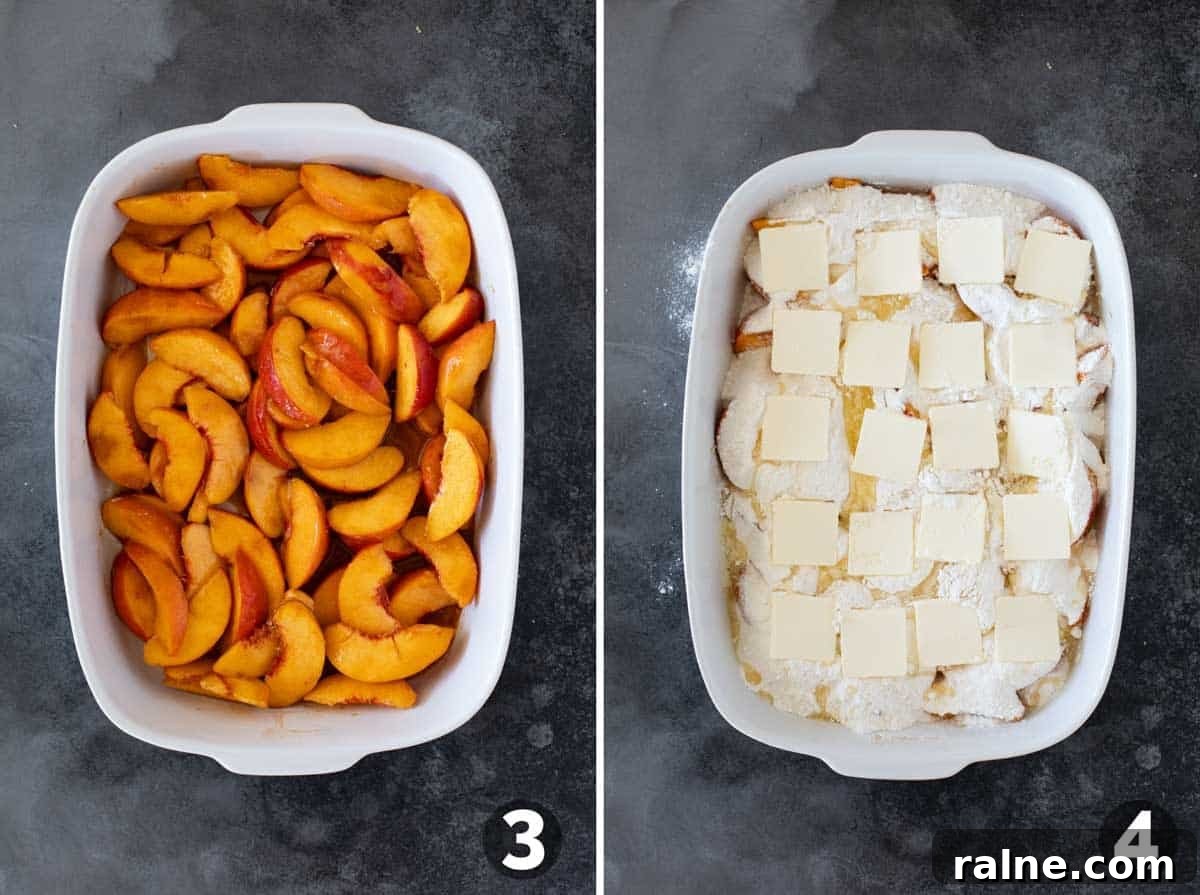 Assembling peach dump cake in a baking dish.