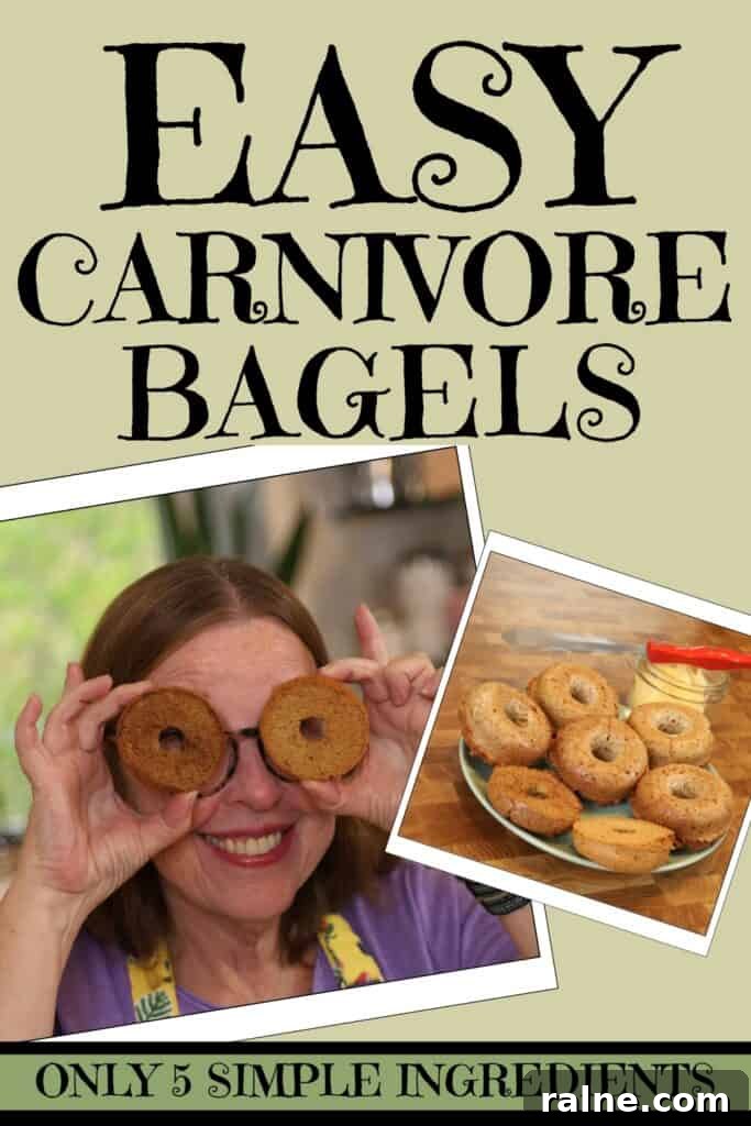 Holding up keto carnivore low carb bagels in front of eyes and smiling. Another image of seven meat bagels on a plate.
