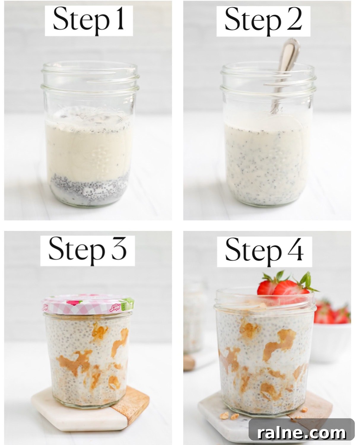 A collage of images showing the step by step process to make chia pudding with peanut butter labeled step 1- step 4.
