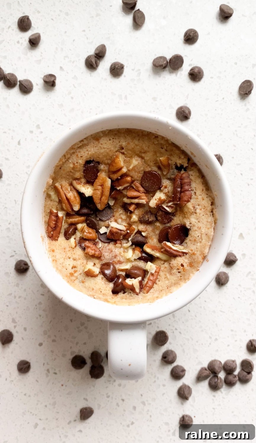 Gluten-Free Banana Bread Mug Cake Recipe (Quick Single-Serve) 2 overhead shot of banana mug cake sprinkled with pecans and chocolate chips