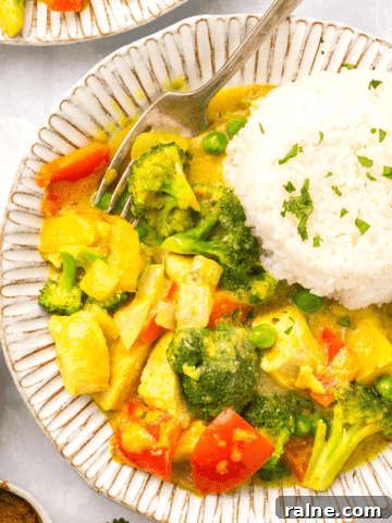 A bowl of mango chicken curry topped with white rice and garnished with cilantro.