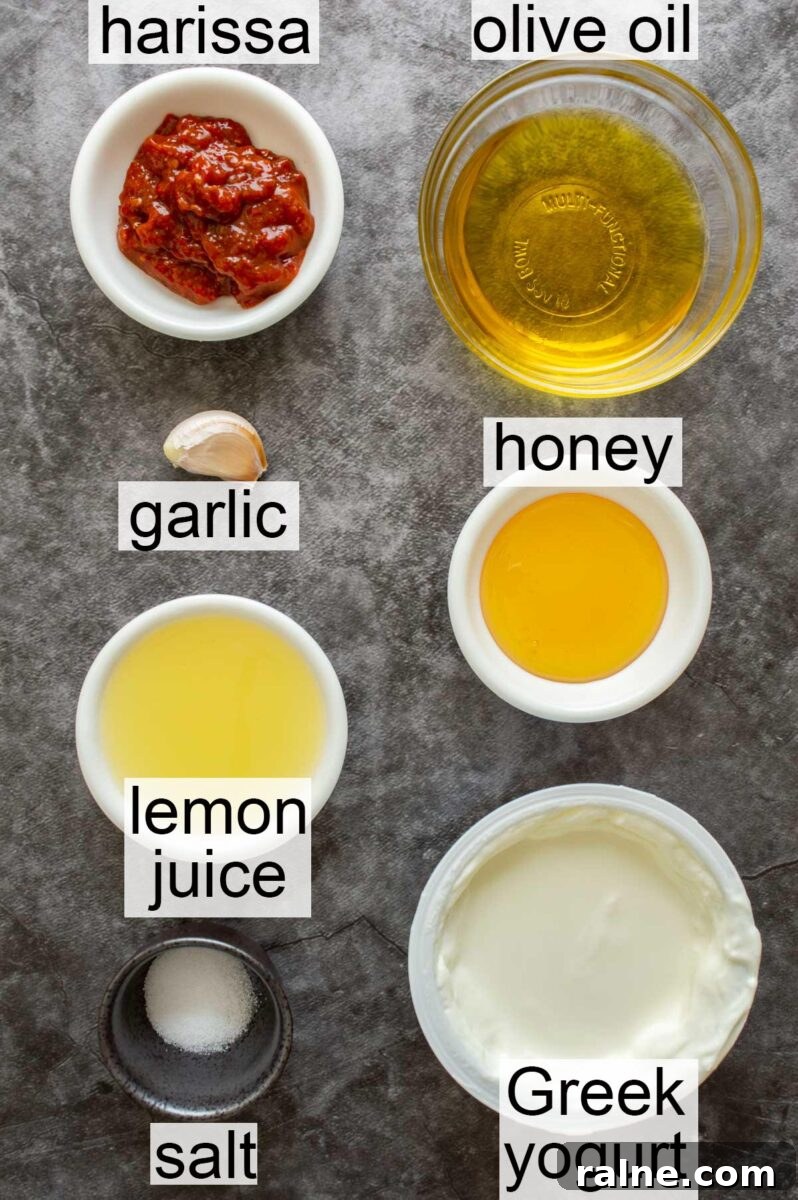 Labelled ingredients including harissa, olive oil, garlic, honey, lemon juice, salt and Greek yogurt.