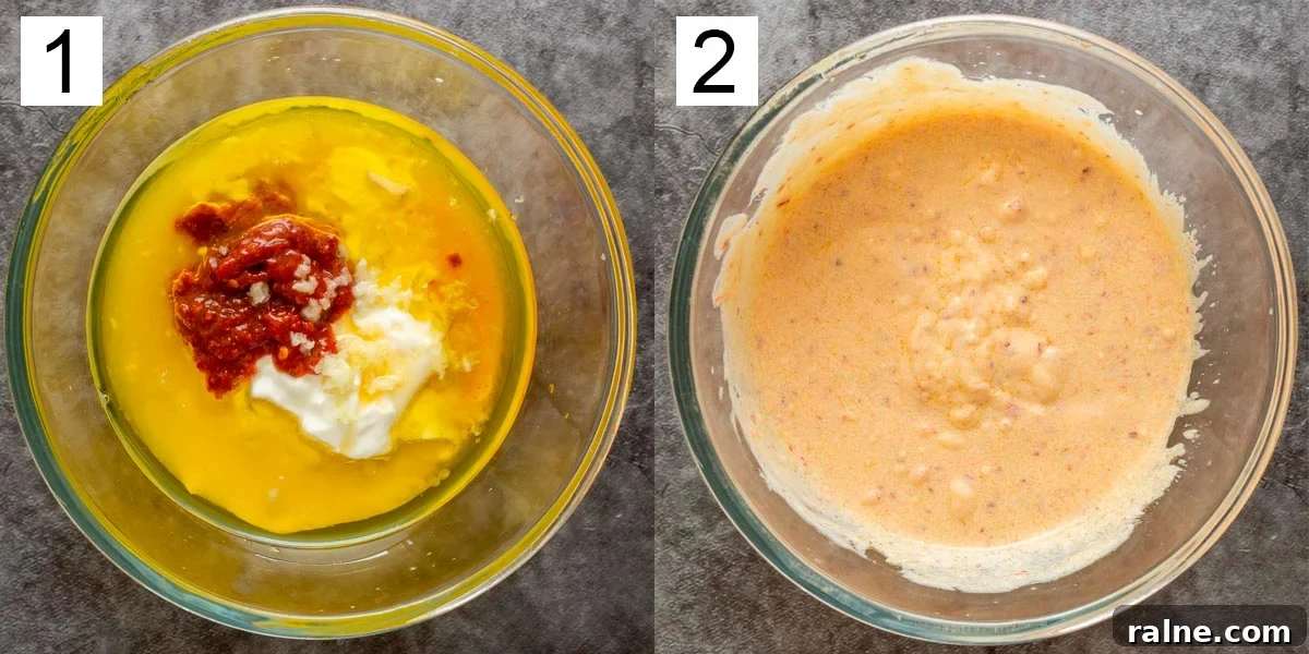 Split image with left half showing oil, yogurt and harissa in a glass bowl, and the right showing it mixed together.
